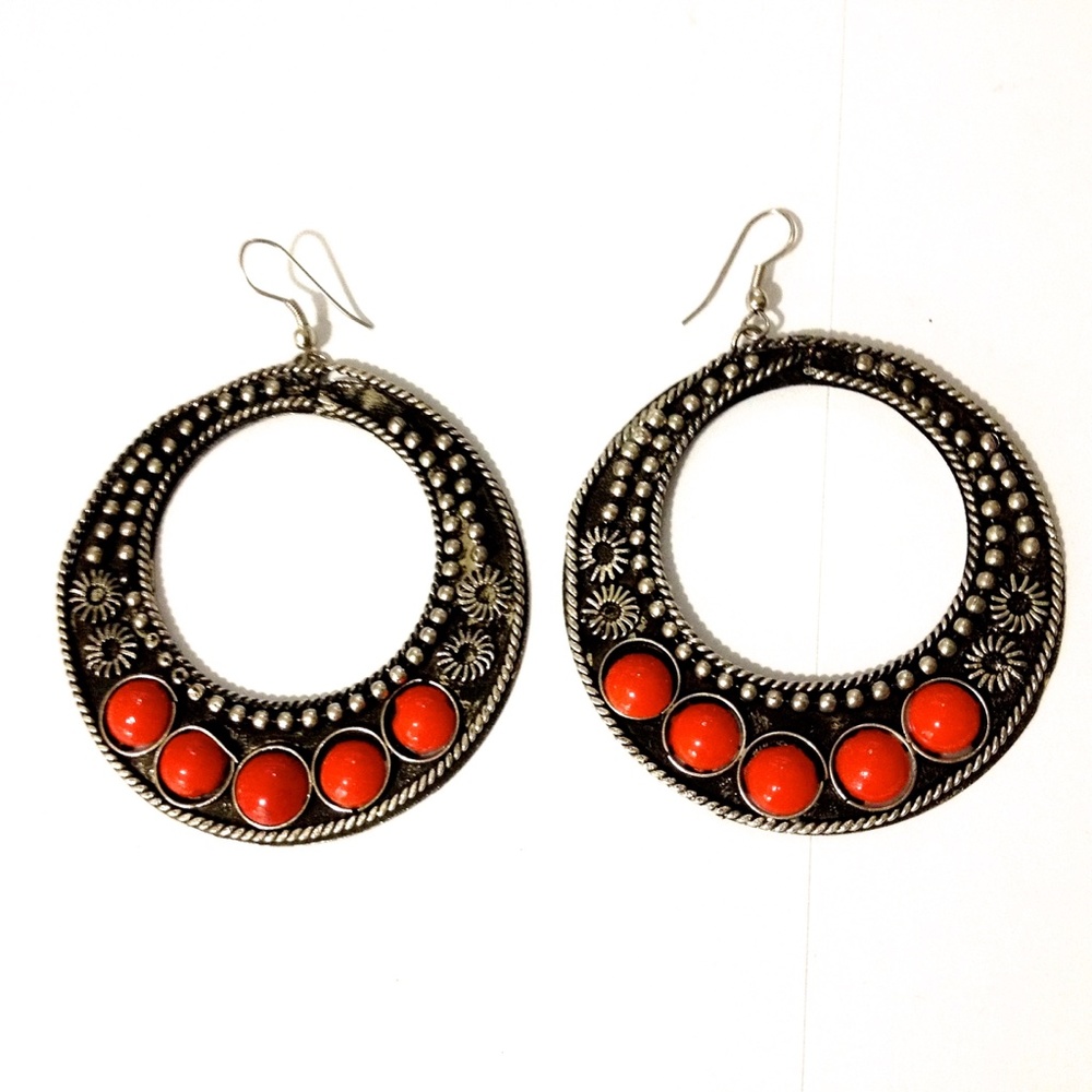 New Oxidized Metal Earrings red stone embellishments